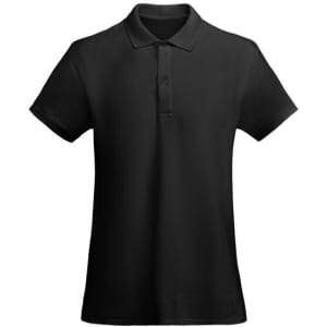 A black women's polo shirt featuring a collar, short sleeves, and a classic fit. It has a logo on the left chest area.