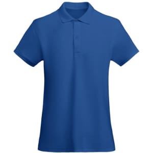 A blue polo shirt for women featuring a collar and short sleeves, with a logo on the chest area.