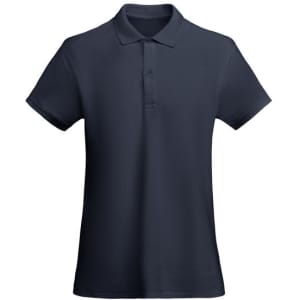 A navy blue women's polo shirt featuring a classic collar and three-button placket. Includes a logo on the chest.