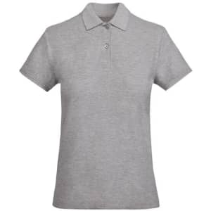 A grey women's polo shirt featuring a classic collar and a three-button placket. It has a logo on one side.