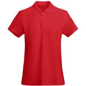 A red women's polo shirt featuring a classic collar and short sleeves. It includes branding on the garment.