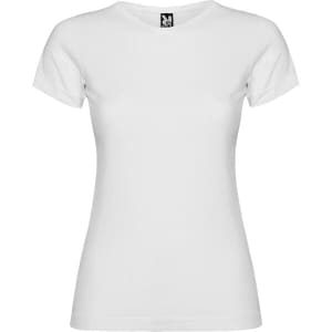 A white t-shirt with a classic crew neck and short sleeves, featuring a logo on the inside label.
