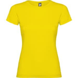 A bright yellow T-shirt with a fitted design and a label at the neckline. It has a basic crew neck style.