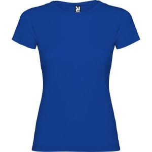 A bright blue women's T-shirt with short sleeves and a round neckline, featuring a logo on the tag.