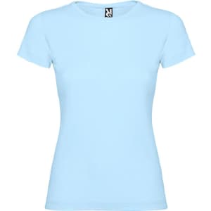 A light blue T-shirt with a fitted design and a logo on the neckline.