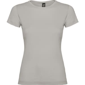 A light grey women's T-shirt with a fitted design and a logo on the label.