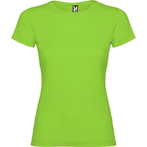 A bright green T-shirt with a crew neck and short sleeves, featuring a logo on the neckline.