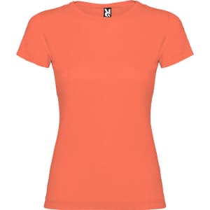An orange women's T-shirt with a fitted design and a label on the neckline. It has no additional graphics or text.