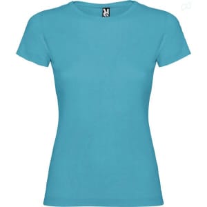 A turquoise T-shirt with a fitted design and short sleeves, featuring a brand logo.