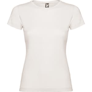 A white women's T-shirt with short sleeves and a round neckline, featuring a small logo on the tag.