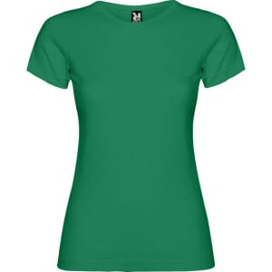 A green women's T-shirt with a short sleeve design and a logo on the neckline.
