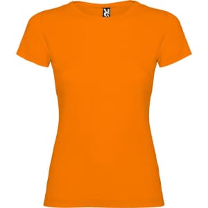 An orange women's T-shirt featuring a round neckline and short sleeves, with a branding label on the inside.