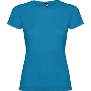A blue women's T-shirt with a round neckline and a tag at the collar. It features a logo.