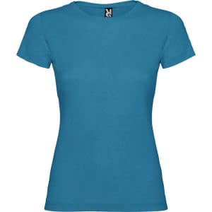 A teal women's T-shirt with a classic crew neckline and short sleeves, featuring a logo.