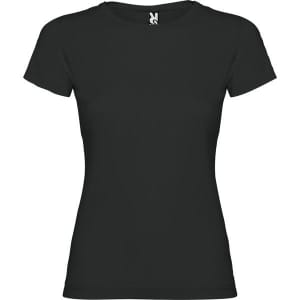 A black women's T-shirt with short sleeves and a crew neckline, featuring a logo at the neckline.