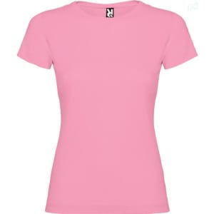 A pink t-shirt with a round neckline and short sleeves. It features a brand label on the inside.