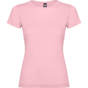 A pink T-shirt with a round neck and short sleeves, featuring a branded tag.