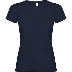 A navy blue T-shirt with a short sleeve design and a logo at the neckline.