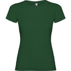 A green women's t-shirt featuring a round neckline and short sleeves, with a small logo on the label.
