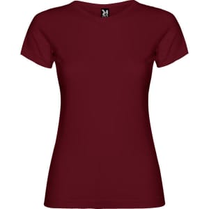 A burgundy women's T-shirt with a fitted design and short sleeves, featuring a logo at the neck.