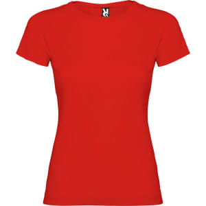 A red women's T-shirt with a round neckline and short sleeves, featuring a logo at the neckline.
