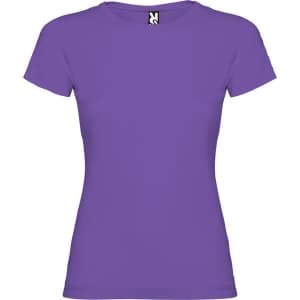 A purple women's T-shirt with a fitted design and a logo at the neckline.