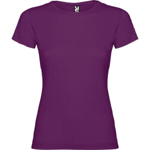 A purple women's T-shirt with a fitted style and a brand logo on the tag.