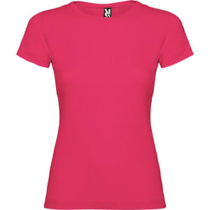 A pink women's t-shirt with a fitted design and short sleeves, featuring a logo at the neckline.