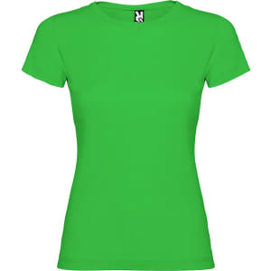 A bright green women's T-shirt with a round neck and short sleeves. It features a logo at the neckline.