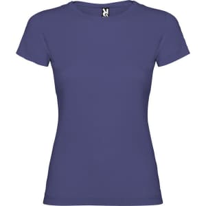 A purple women's T-shirt with a fitted design and a logo tag at the neckline.