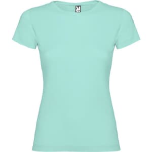 A mint green women's t-shirt with short sleeves and a brand label on the neckline.