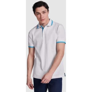 A white polo shirt with turquoise accents, featuring a collar and short sleeves, worn by a male model.