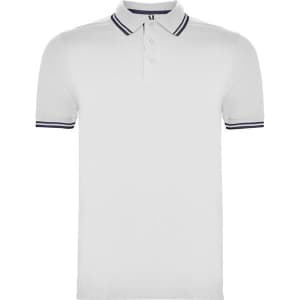 A white polo shirt with contrasting navy stripes on the collar and sleeves, featuring a logo on the chest.