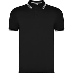 A black polo shirt with contrasting striped collar and sleeve details. It features a logo on the chest area.