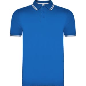 A blue polo shirt with a classic collar and contrasting white striped detail. It features a logo on the chest.