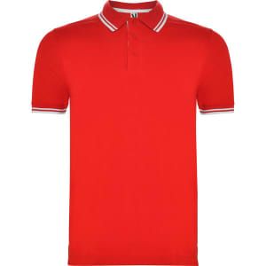 A red polo shirt with a classic collar and contrasting striped accents on the sleeves. It features a logo on the chest.