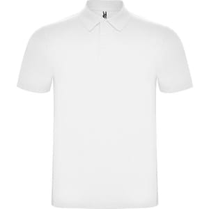 A white polo shirt with a classic collar and short sleeves, featuring a logo on the neckline.