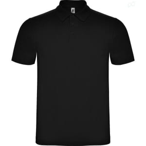 A black polo shirt with a collar and short sleeves, featuring a logo on the front.