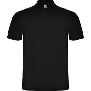 A black polo shirt with a collar and buttons, featuring a logo on the upper left.