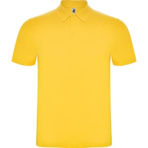 A yellow polo shirt featuring a classic collar and a logo on the neckline.