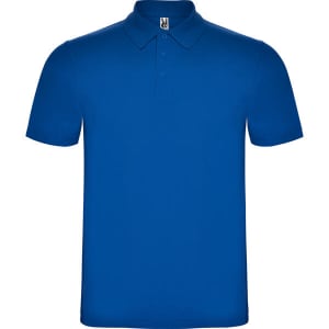 A polo shirt in vibrant blue with a collar and a branding logo on the upper section.