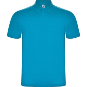 A turquoise polo shirt featuring a collar and a logo on the neckline.