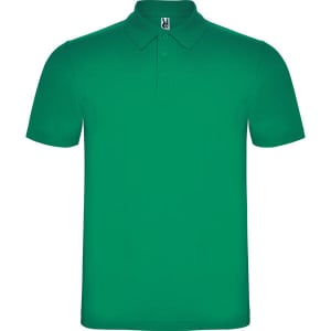 A green polo shirt featuring a collar and short sleeves, with a logo on the label.