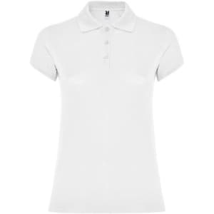 A white women's polo shirt with a collar and short sleeves, featuring a button-up front and a logo.