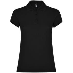A black women's polo shirt featuring a collar and short sleeves, with a logo on the chest.