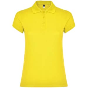 A yellow women's polo shirt with a collared neck and three buttons, featuring a logo on the label.