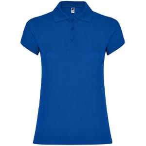 A women's polo shirt in vibrant blue with a classic collar and three-button placket. It features a logo on the chest.