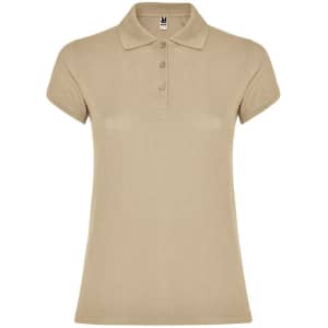 A beige women's polo shirt featuring a collar and three buttons, with a small logo on the label.