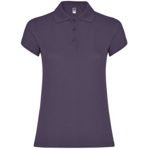 A women's polo shirt in a deep purple shade with a three-button placket and short sleeves. It features a logo.
