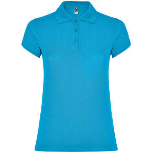 A bright blue women's polo shirt with a collared neckline and short sleeves. It features a logo on the chest.